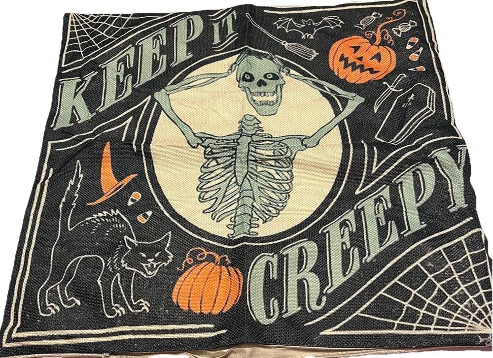Halloween Keep It Creepy Pillow Cover Skeleton Black Cat Pumpkin Gothic Decor